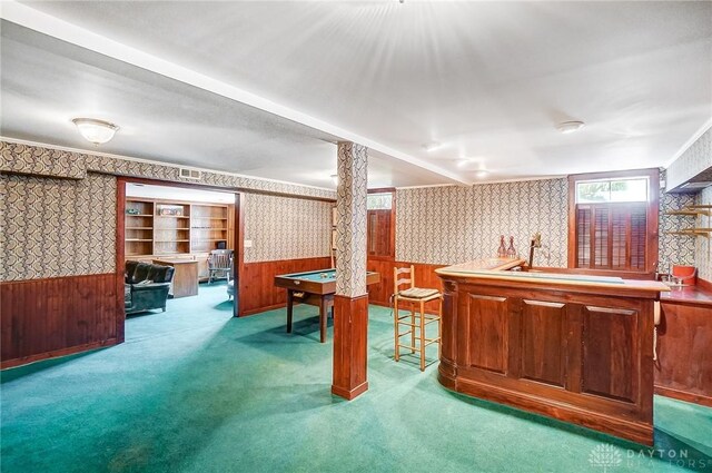 4600 Brown Rd, Sugarcreek Township, OH 45440 - recreation room with wallpapered walls, wet bar, a wainscoted wall, carpet, and wooden walls