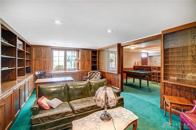 4600 Brown Rd, Sugarcreek Township, OH 45440 - carpeted living area featuring billiards table, wooden walls, and recessed lighting
