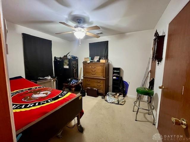 bedroom featuring carpet flooring and ceiling fan