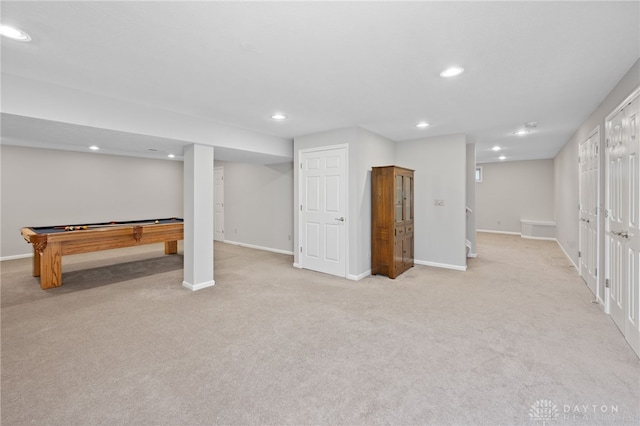 finished basement featuring recessed lighting, billiards, light colored carpet, and baseboards