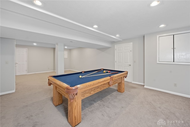 playroom featuring recessed lighting, carpet flooring, baseboards, and pool table