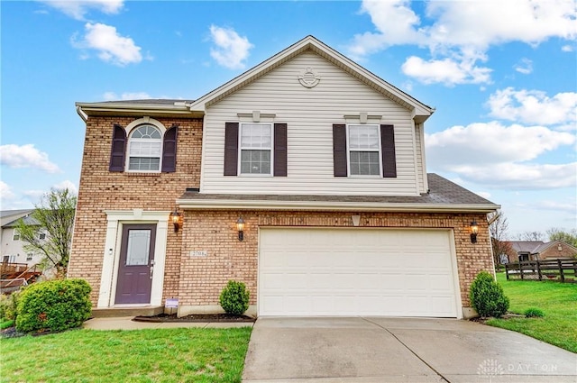 traditional-style home featuring a garage, brick siding, driveway, and a front lawn