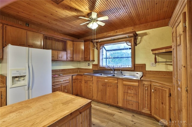 kitchen with ceiling fan, white fridge with ice dispenser, a wainscoted wall, a sink, and brown cabinets