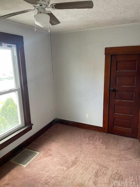 spare room with visible vents, a wealth of natural light, a ceiling fan, and light colored carpet