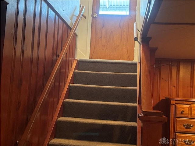 staircase with wooden walls