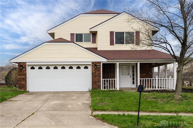 view of front of property featuring brick siding, an attached garage, covered porch, and driveway