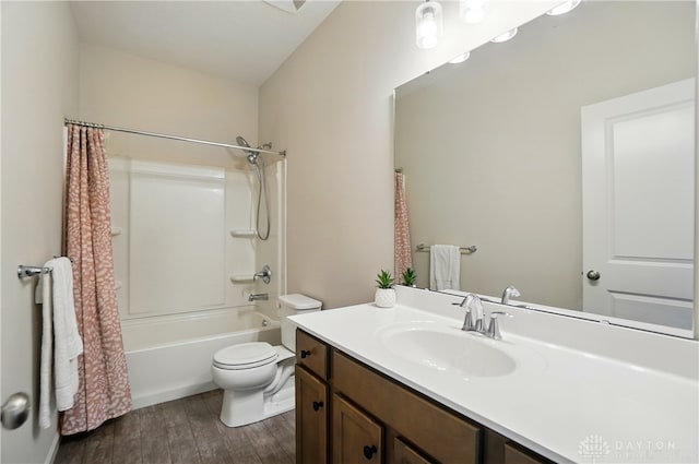 1110 Billingsley Dr, Batavia, OH 45103 - bathroom with toilet, shower / bathtub combination with curtain, vanity, and wood finished floors
