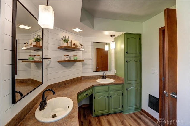 bathroom featuring a sink, double vanity, and wood finished floors