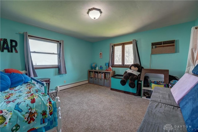 carpeted bedroom with baseboard heating and a wall unit AC