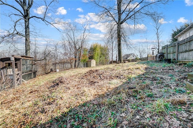 view of yard featuring fence, an outbuilding, and a storage unit