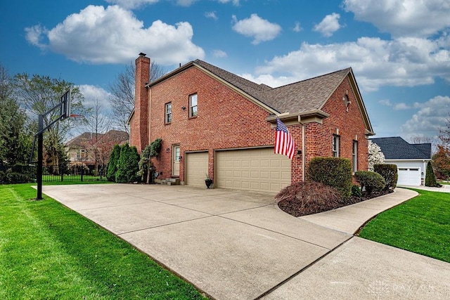 view of home's exterior with concrete driveway, a chimney, brick siding, a garage, and a lawn