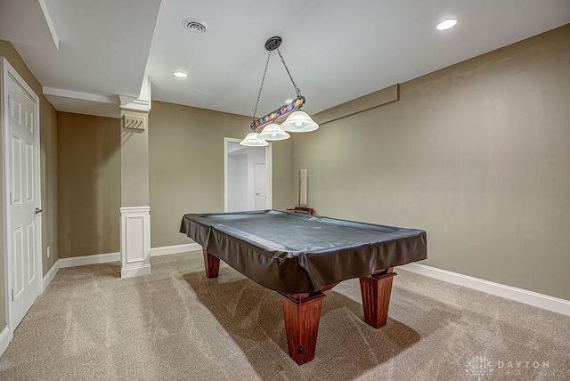 rec room with baseboards, billiards, recessed lighting, carpet flooring, and visible vents