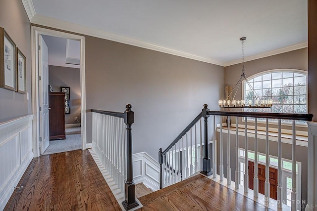 hallway featuring ornamental molding, a wainscoted wall, a chandelier, wood finished floors, and an upstairs landing