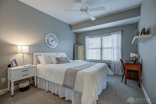 bedroom featuring ceiling fan, baseboards, and carpet floors