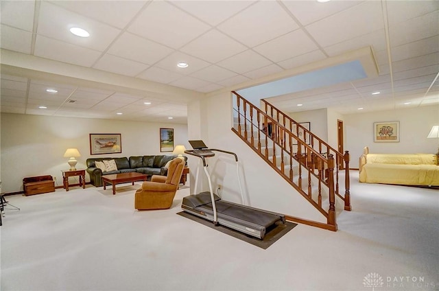 1458 Westwicke Pl, Washington Twp, OH 45459 - carpeted living area with recessed lighting, stairway, and a drop ceiling