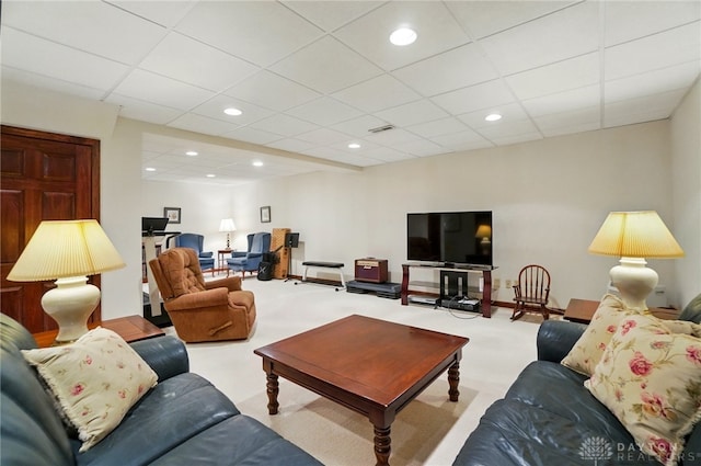 1458 Westwicke Pl, Washington Twp, OH 45459 - carpeted living area with visible vents, baseboards, recessed lighting, and a paneled ceiling