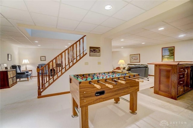 1458 Westwicke Pl, Washington Twp, OH 45459 - game room with recessed lighting, a paneled ceiling, light colored carpet, and baseboards