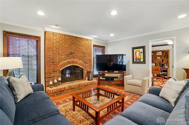 1458 Westwicke Pl, Washington Twp, OH 45459 - living area with recessed lighting, a fireplace, ornamental molding, and wood finished floors