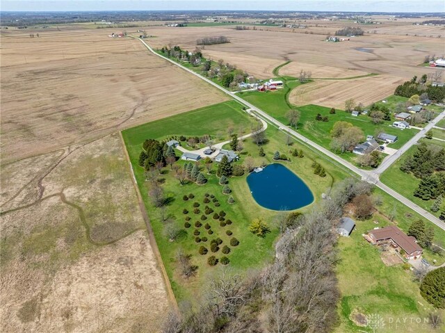 bird's eye view featuring a water view and a rural view