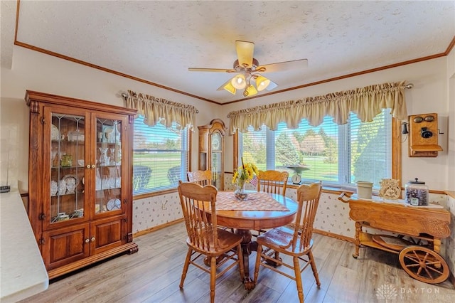 dining room featuring light wood finished floors, ornamental molding, and a ceiling fan