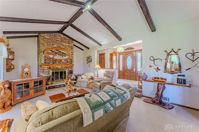 living room with baseboards, carpet flooring, a brick fireplace, visible vents, and vaulted ceiling with beams