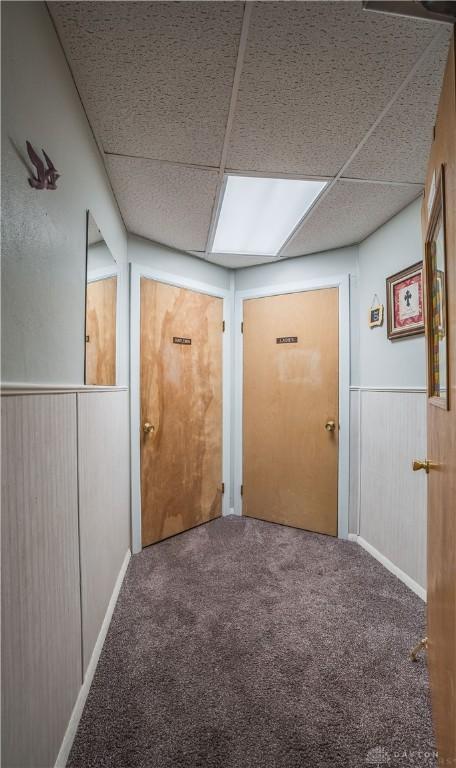7045 US-40, New Carlisle, OH 45344 - corridor with a paneled ceiling, carpet flooring, and a wainscoted wall