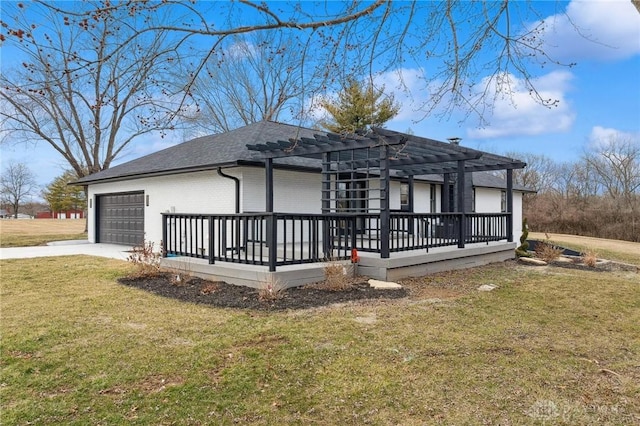 5850 Weidner Rd, Springboro, OH 45066 - exterior space featuring driveway, a pergola, a yard, a garage, and a deck