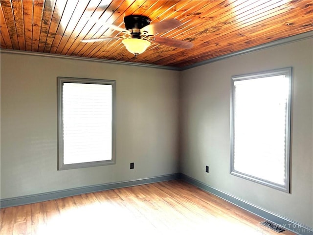 empty room featuring ornamental molding, visible vents, and wooden ceiling