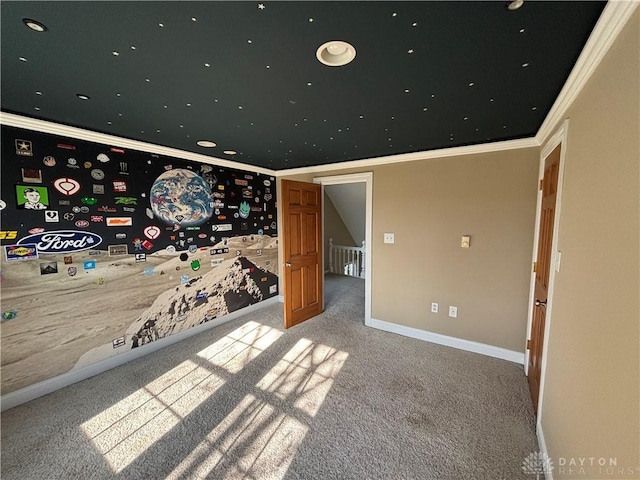 exterior space with carpet, baseboards, and ornamental molding