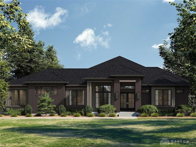1198 Normandy Rue, Springboro, OH 45458 - view of front of home with roof with shingles, brick siding, french doors, and a front lawn