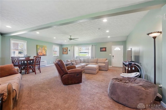 1111 Darlington Dr, Beavercreek, OH 45434 - living room with a textured ceiling, carpet flooring, recessed lighting, baseboards, and a ceiling fan