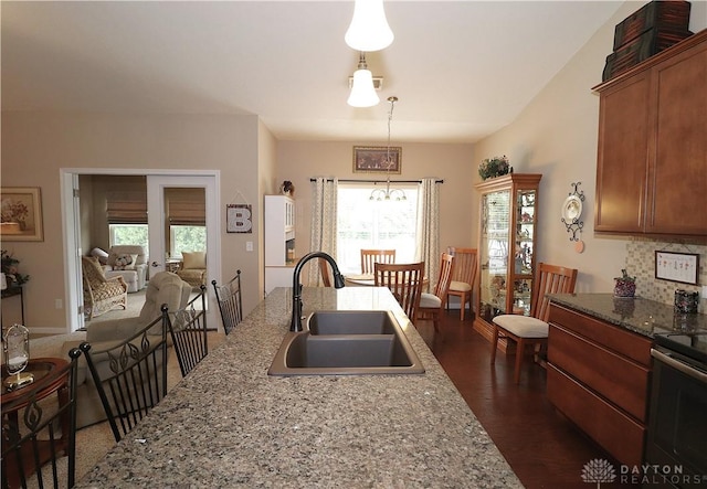 kitchen with a sink, dark wood finished floors, tasteful backsplash, and a healthy amount of sunlight