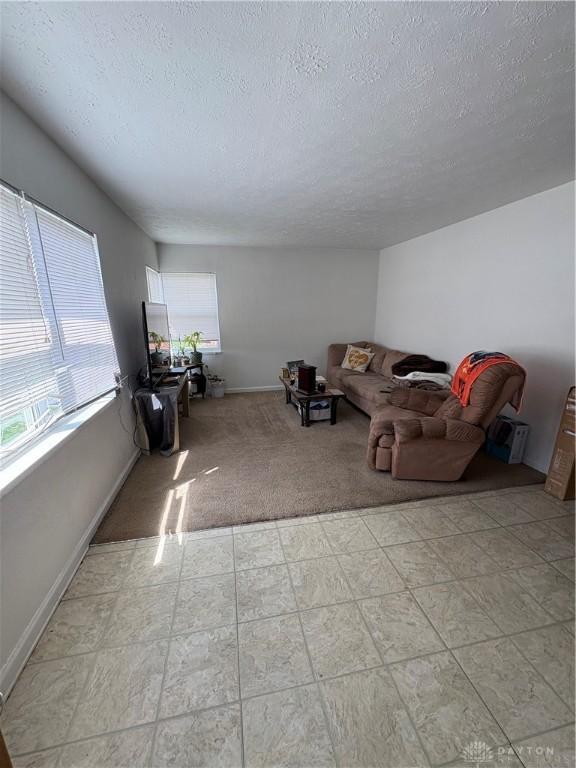 349 Orchard Dr, Oakwood, OH 45419 - unfurnished living room featuring light colored carpet, baseboards, and a textured ceiling