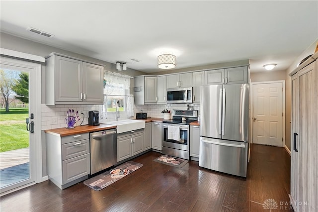 kitchen with a sink, visible vents, decorative backsplash, gray cabinetry, and appliances with stainless steel finishes