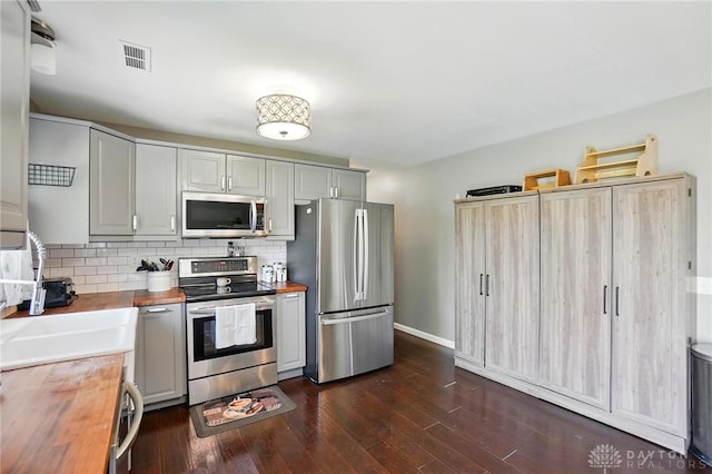 kitchen featuring stainless steel appliances, tasteful backsplash, visible vents, wood counters, and dark wood-type flooring