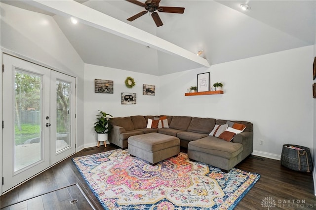 living area featuring french doors, dark wood-style floors, baseboards, a ceiling fan, and high vaulted ceiling