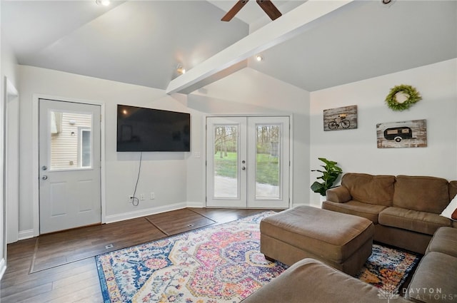 living room featuring lofted ceiling with beams, french doors, baseboards, a ceiling fan, and wood finished floors