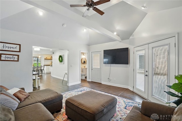 living room with recessed lighting, vaulted ceiling, wood finished floors, a ceiling fan, and french doors