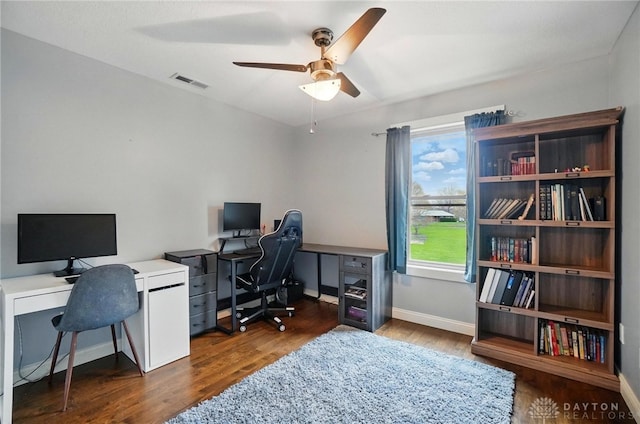 office with ceiling fan, baseboards, wood finished floors, and visible vents