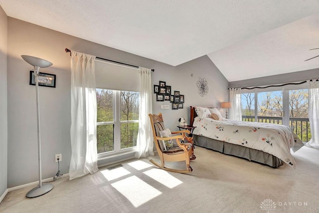 bedroom featuring carpet, lofted ceiling, visible vents, baseboards, and a textured ceiling