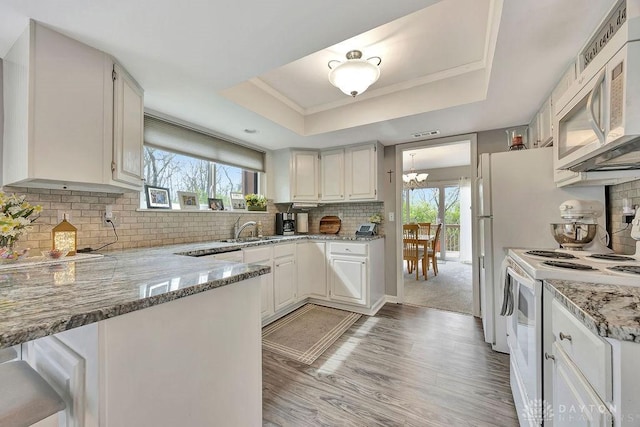 kitchen with light stone counters, a sink, white appliances, and a raised ceiling