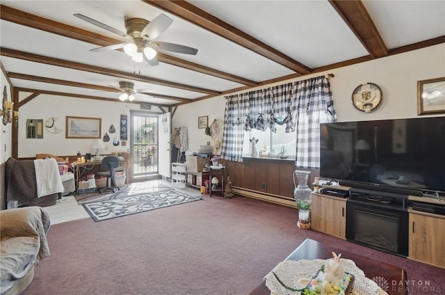 carpeted living room with beamed ceiling, a baseboard radiator, and a ceiling fan