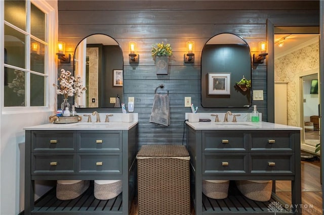 6475 Landsend Ct, Butler Township, OH 45414 - full bathroom featuring two vanities, a sink, and crown molding