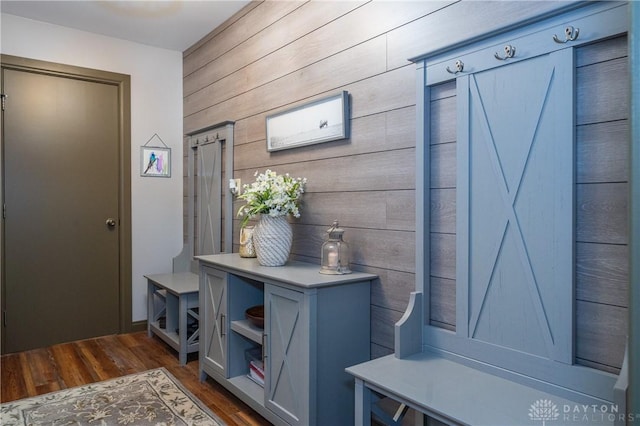 6475 Landsend Ct, Butler Township, OH 45414 - mudroom with wood walls and dark wood-type flooring