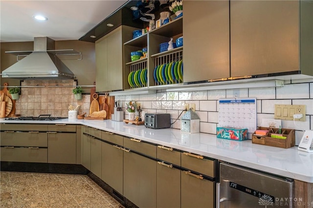 6475 Landsend Ct, Butler Township, OH 45414 - kitchen featuring recessed lighting, backsplash, light countertops, gas cooktop, and wall chimney exhaust hood