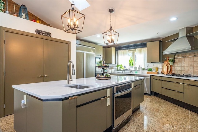 6475 Landsend Ct, Butler Township, OH 45414 - kitchen featuring wall chimney range hood, decorative backsplash, stainless steel appliances, and a sink