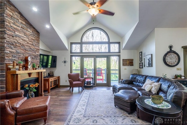 6475 Landsend Ct, Butler Township, OH 45414 - living room featuring wood finished floors, a ceiling fan, and high vaulted ceiling