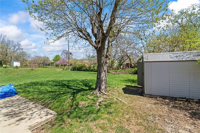 view of yard with an outbuilding and a shed