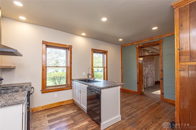 117 Montgomery Ave, Franklin, OH 45005 - kitchen featuring range with electric cooktop, dishwasher, wall chimney range hood, a sink, and wood-type flooring