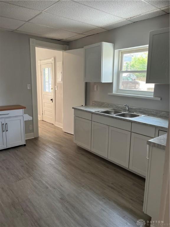 400 S Detroit St, Xenia, OH 45385 - kitchen with a sink, a paneled ceiling, wood finished floors, light countertops, and white cabinets